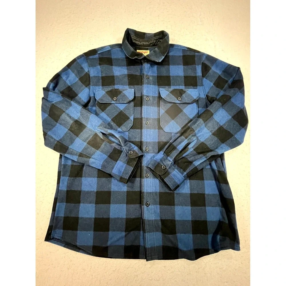 Wrangler Authentics Shacket Mens Large Blue Black Flannel Buffalo Plaid Lined